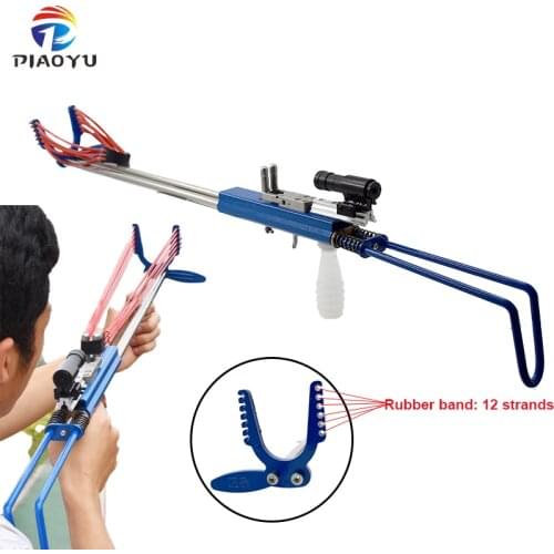 Blue Stainless Steel Powerful Slingshot Rifle Outdoor Fish Shooting Catapult with 12 Strand Rubber Band Laser Hunting Slingshot