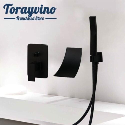 Mount wall faucet waterfall bathroom sink faucet Brass black faucet three hole deck mount tap waterfall faucet Water mixer taps