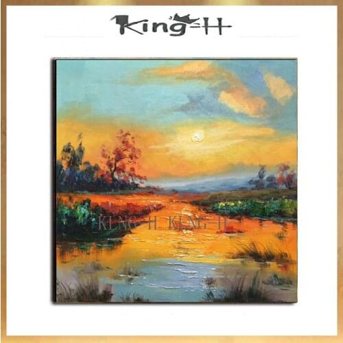 Pintado a mano atardecer romántico paisaje lienzo pintura playa pintura al óleo paisaje Natural mar imagen para decoración del