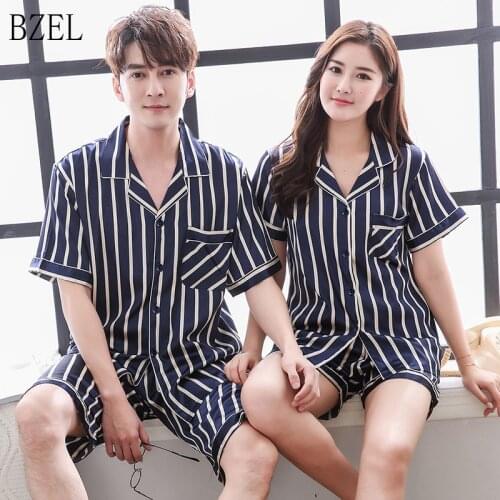 BZEL 2019 New Striped Short Sleeve Couple Pajamas Set Men Women Summer Turn-down Collar Sleepwear Lingerie Two Piece Pyjama Suit