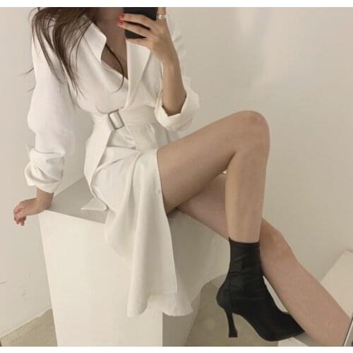New 2020 Womens Autumn V-Neck Casual Dresses Solid Fashion Sashes Split Office Lady Elegant Long Sleeve Vestidos