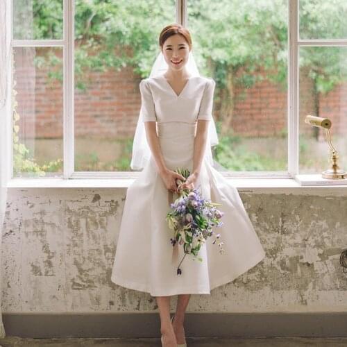 Tea Length 129cm V Neck Short Sleeves Simple Satin A Line Wedding Dresses YSAN597