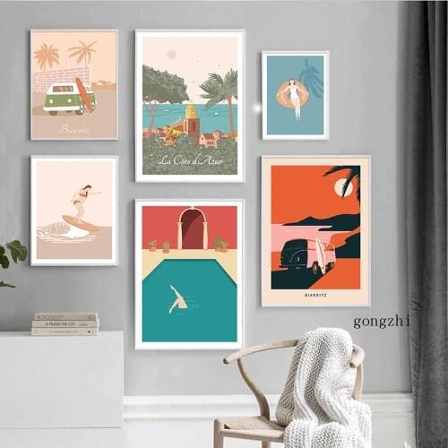 Surfing Exhibition Poster French Riviera Beach Landscape Canvas Painting and Prints Modern Wall Art Pictures Living Room Decor