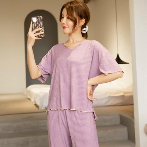Casual New Sleepwear Suit Female V Neck Short Sleeve Trousers Two Piece Set Modal Summer Pajamas Women Pijama Feminino
