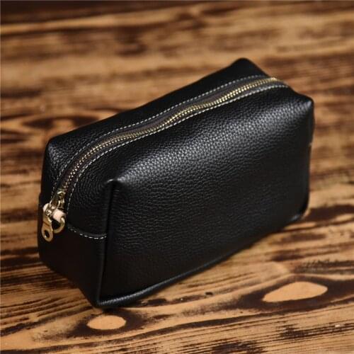 Retro fashion natural genuine leather zipper cosmetic bag unisex charger charging treasure earphone storage bag soft leather bag