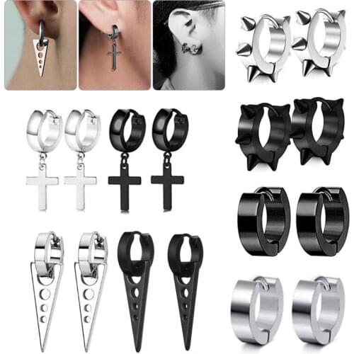 Unisex Cool Huggie Hoop Earrings Punk Stainless Steel Cross Drop Earrings Black Silver Color Ear Jewelry Men Party Earring Set