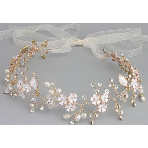 SLBRIDAL Handmade Wired Rhinestones Crystals Pearls Flower Wedding Tiara Headband Bridal Hair Vine Hair Accessories Bridesmaids