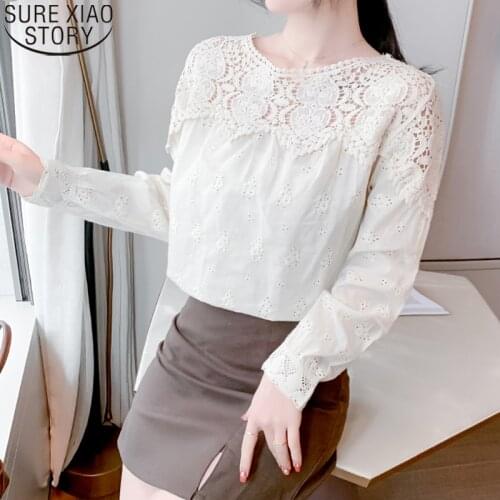 2021 Spring Elegant Apricot Blouse Women Lace Blouse Hollow Out Tops Vintage Clothes O-Neck Causal Long Sleeve Blusas 13209