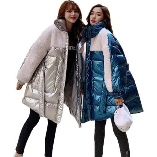 Oversized Winter Coat Women Chic waistband Long Jacket 2020 New Women lambswool Splice Glossy Parka Warmth Cotton-Padded Outwear