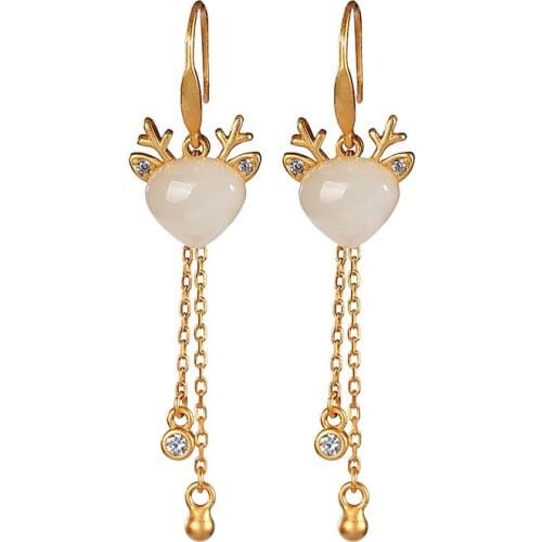 S925 sterling silver gold plated Hetian jade earrings temperamental tassels long antlers womens earrings ear hooks