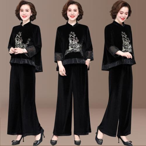 Middle-aged Women Gold Velvet Pants Suit Spring Autumn Large Size Loose Tops + Trousers 2PCS Female Fashion Elegant Set 5XL 200