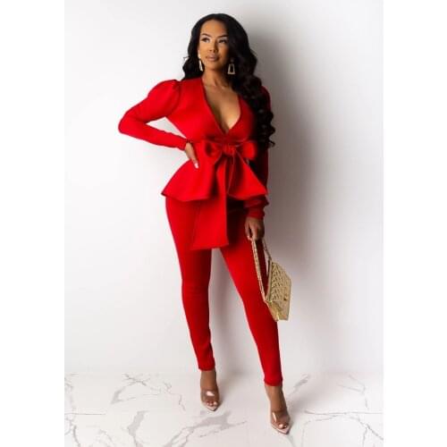 Sexy Ruffle Blazer with Free Sashes 2021 Women V Neck Solid Colors Casual Office Blazer + Pencil Pants Suits Two Piece Set Suit