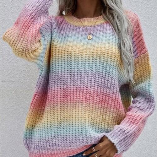 2021 Autumn and Winter Casual Acrylic Long-Sleeved Striped Round Neck Knitted Pullover Women Loose Large Size Rainbow Sweaters