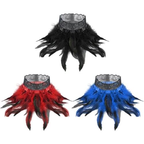 Women Gothic Victorian Natural Feather Lace Choker Neck Wrap Collar Stage Performance Halloween Cosplay Costume Accessories