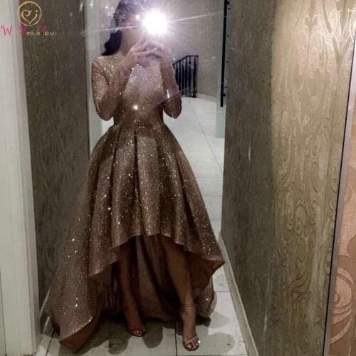 Short Front Long Back Prom Dresses For Women 2020 New Champagne Long Sleeves O Neck Bling Seqiuned Formal Party Evening Gowns