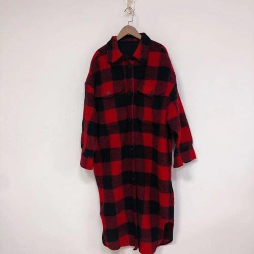 2020 Spring and Autumn New Loose Wild Classic Check Pocket Long Sleeve Lapel Woolen Coat Women