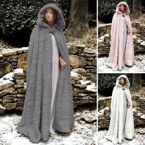 Winter Women Warm Fluffy Fur Hooded Cape Cloak Long Coat Plush Outerwear Poncho