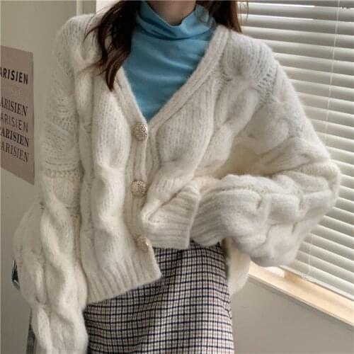 2021 autumn and winter new twist cardigan sweater Korean version loose V-neck long-sleeved single-breasted knitted top women