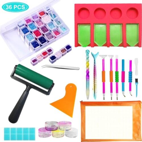 36 PCS Diamond Painting Tools Accessories Kits with Tray Organizer 5D DIY Diamond Painting Roller Storage Box Ideal Gift