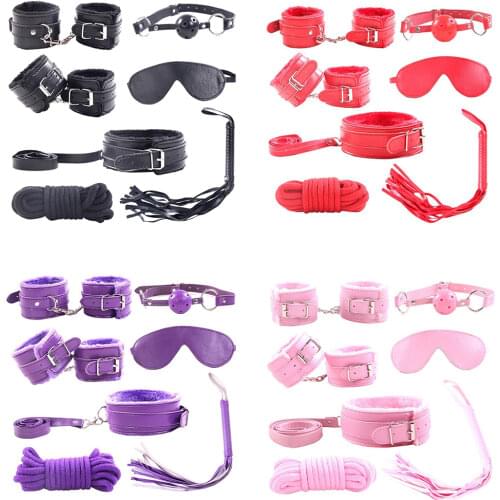 7 Pieces/Set Collar Furry Fuzzy Bed Bondage Gear Restraint Set Kit Ball Gag Cuff Whip Sexy Products Sex Toys For Lovers
