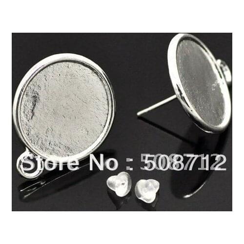 Free shipping!!! silver Plated Round Cabochon Settings Earring Post&Stoppers pad 16mm,Earrings Base