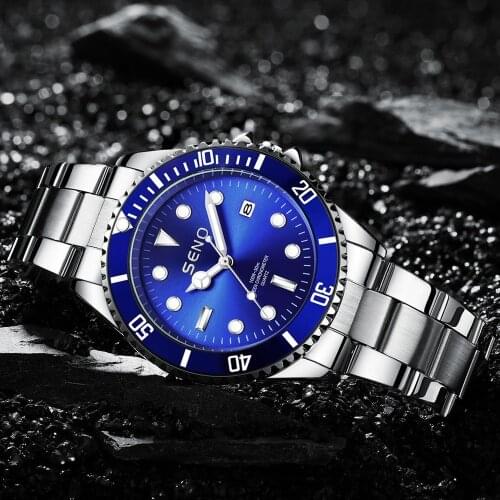 Quartz Green Water Ghost Stainless Steel Watch Waterproof Luminous Watch SENO New Mens Sports Watch Relogio Masculino Clock