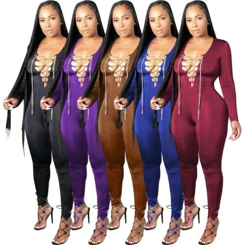 CMYAYA Autumn Chain Lace Up V-neck Long Sleeve Jumpsuit Women Active Sexy Club Night Party Bodycon Romper One Piece Overalls