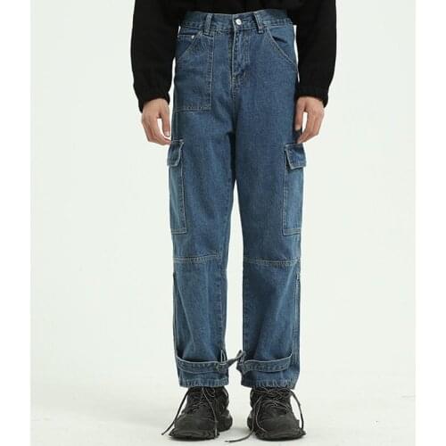 Japanese Style Cargo Jeans Men Fashion Vintage Multi-pocket Trousers Male Harajuku Washable Straight Wide Leg Denim Pants Mens