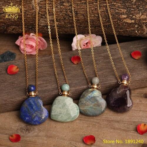 Heart Shape Natural Gems Stone Perfume Bottle Pendants Necklace Plated Chains Crystal Essential Oil Diffuser Vial Necklace Charm