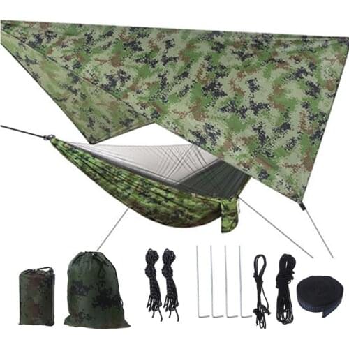 T21D Camping Hammock with Net and Tarp Rain Cover and Tree Straps 200kg Load Capacity 290 x 140 cm Nylon Double Hammock