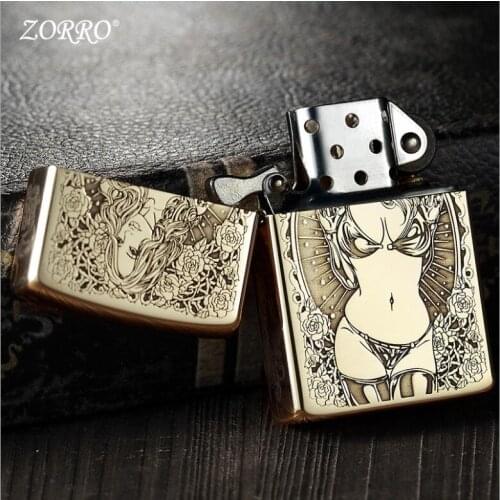 Zorro Kerosene Lighter Pure Copper Fine Carving Skull And Beautiful Girl Pattern Gasoline Lighter Men Gift