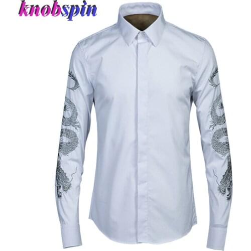 Classic Gold Silver Dragon Printed Shirt men 2019 Brand business male clothes Turn-down collar full sleeve Slim Casual SHIRTS