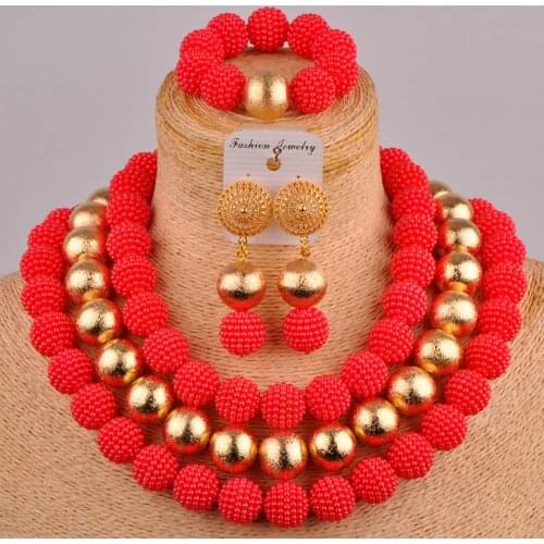 Red african jewelry set beige simulated pearl costume necklace nigerian wedding bridal jewelry sets FZZ78