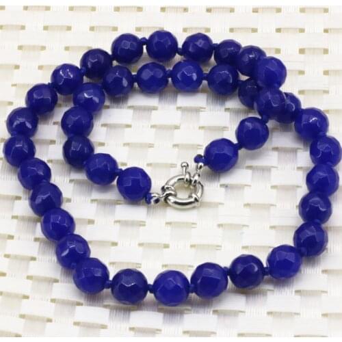 Lapis lazuli blue stone jades chalcedony 10mm faceted round beads necklace semi-precious beaded chain necklace 18inch B3201