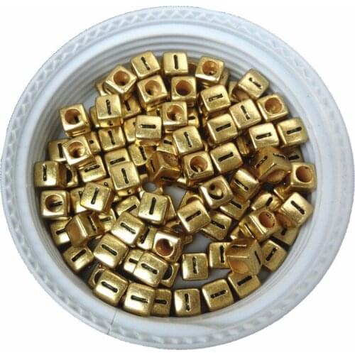 Mini Order 100pcs 6*6MM Gold Color with Black Initial I Printing Acrylic Letter Beads Big Hole Alphabet Plastic Loose Beads
