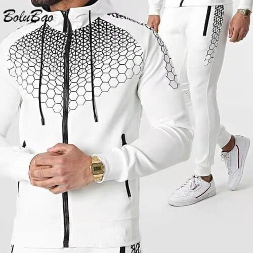BOLUBAO 2021 Autumn New Mens Tracksuit Sets Mesh Print Hooded Jacket+Pants Suit Jogging Casual Sportswear Sets Male