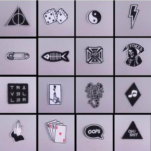 Punk Skull Patches Hippie Black And White Stickers Embroidered Iron on Patches For Clothing Band Stripes For Clothes Applique