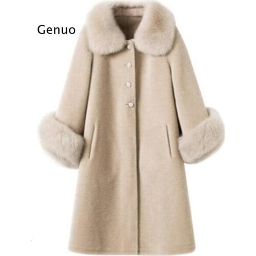 New Classic Faux Fur Coat Womens Mid-length Style Fox Fur Collar Imitation Sheep Shearing Particles Loose Womens Clothing