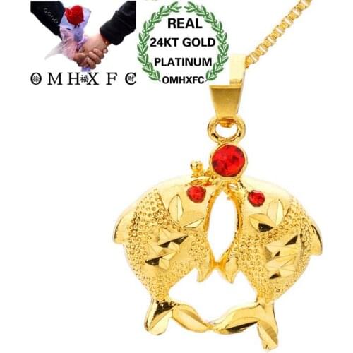 OMHXFC Wholesale European Fashion Woman Unisex Party Birthday Wedding Gift Kiss Fish Zircon 24KT Real Gold Charm Pendant PN246