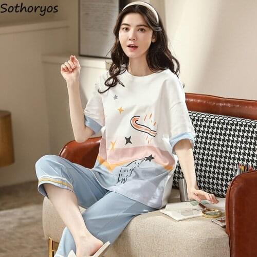 Women Large Size Pajama Sets Short Sleeve Tops Calf-length Pants Lovely Printed Students Cozy M-3XL Leisure Nightwear Lounge Hot