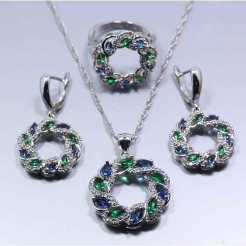 Hollow Blue Green Zircon Silver Color Women Jewelry Set Earrings Ring Necklace Pendant Free Gift TZ274
