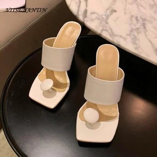 Thick-heeled square toe retro round buckle female summer French flops black and white leather high-heeled slippers
