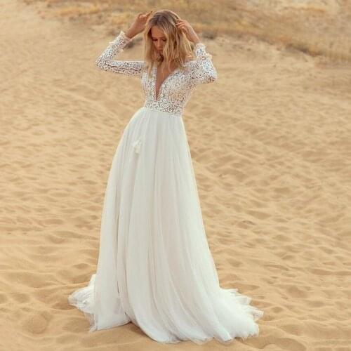 UZN Ivory BOHO Wedding Dress V Neck Long Sleeves Lace And Tulle Bridal Gown A Line Sweep Train Vestido De Novia