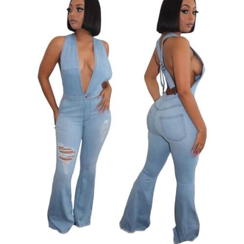 Holes Thin Sexy Deep V-Neck Skinny Slim Wide Leg Denim Rompers Overalls Women 2021 Jeans High Waist Denim Jumpsuits Bodysuit