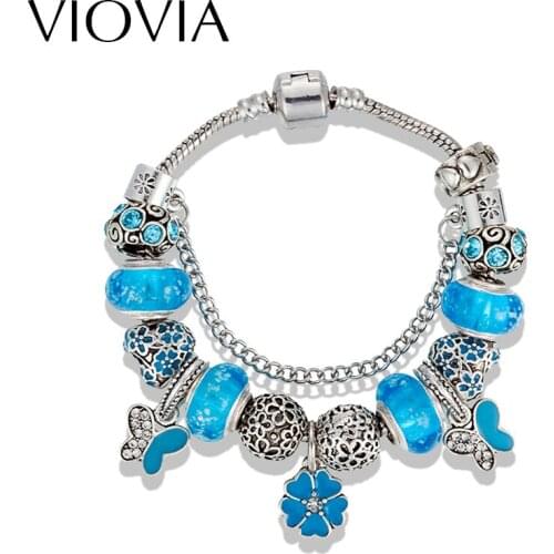 VIOVIA Antique Silver Color Charm Bracelet Crystal Bead With Lovely Butterfly Bracelets & Bangles for Women Jewelry Gift B16061
