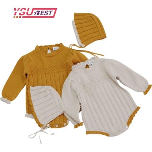 0-24M Newborn Baby Girls Knitted Romper Hat Baby Clothes Cotton Woolen Baby Rompers Ruffle Infant Baby Jumpsuit Twins Clothes