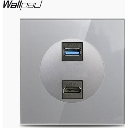 Wallpad L6 HDMI USB 3.0 Data Transmission Wiring Outlet Wall Socket Grey Crystal Glass Panel