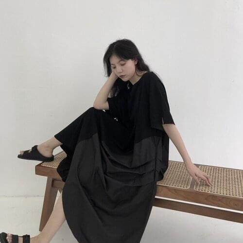 Large dark design sense black stitched dress with thin waist new skirt small and fresh in summer