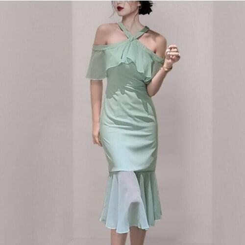 ZAWFL Women Elegant Sleeveless Solid Color Evening Party Dress Backless Off Shoulder High Waist Halter Gown Mermaid Dress