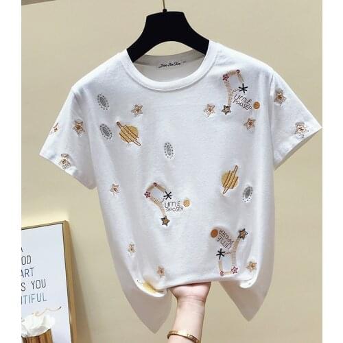 Embroider T Shirt Women O Neck White Short Sleeve Cotton Tshirt Voge Korean Tee T-shirt 2020 Fashion Summer Tops Femme Camiseta